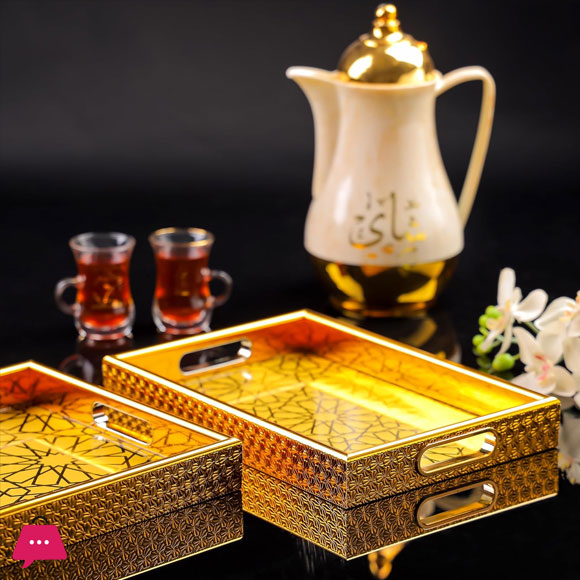 Arabic Style Tray Set Acrylic Gold Plated Trays Elegant Finish 2pcs