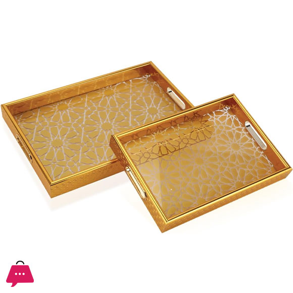 Arabic Style Tray Set Acrylic Gold Plated Trays Elegant Finish 2pcs