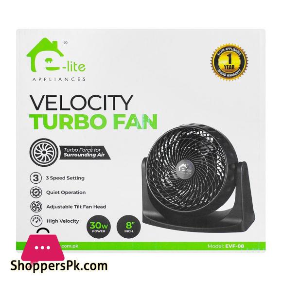E-Lite High Velocity Turbo Fan 3 Speeds Adjustable Tilt Black EVF-08