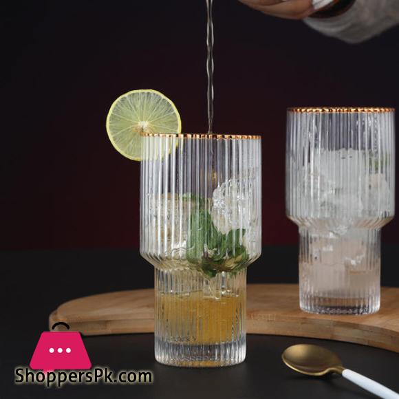 Gold Rimmed Vertical Stripe Ribbed Fluted Bottom Glass Set of 6 - Glassware Set