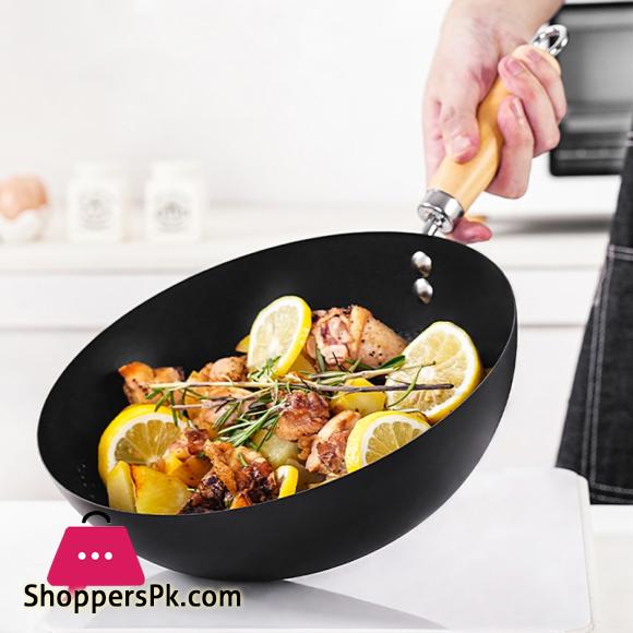 Mini Wok Classic Kitchen Cooking Pot Wooden Handle Flat Base Pan Includes 1 x Chinese Wok Pan
