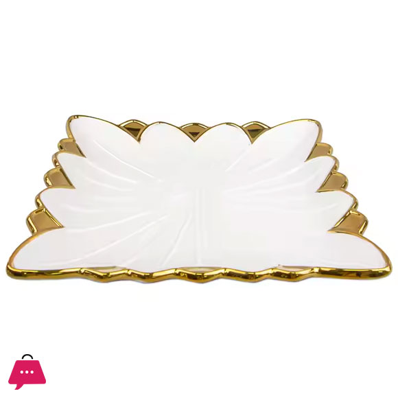 Angela Medium Rectangular Serving Plate Floral Design Ceramic Golden & White