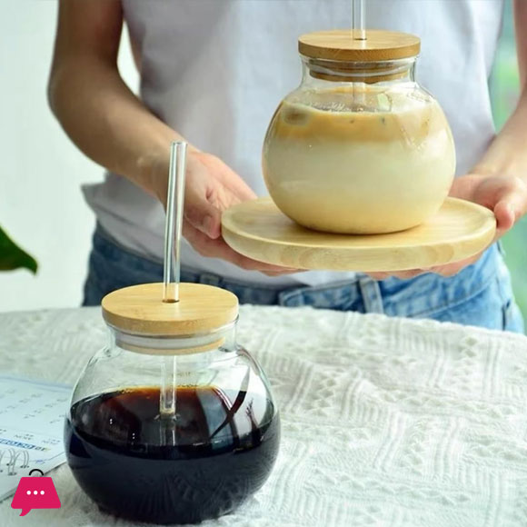 Coffee Ball Tumbler Glass Cup with Bamboo Lid and Reusable Straw - 400ml
