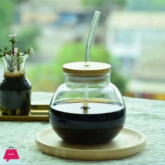 Coffee Ball Tumbler Glass Cup with Bamboo Lid and Reusable Straw - 400ml