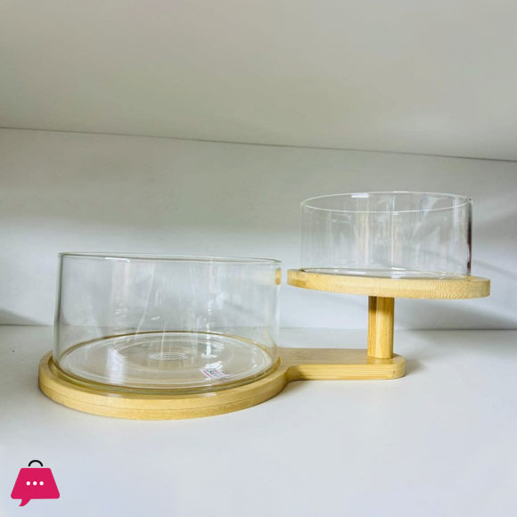 Double-Tier Glass Bowl with Wooden Stand
