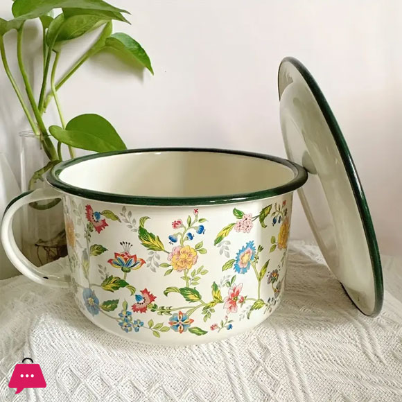 Enamel Bowl with Lid Flower Design Enamelware Bowls for Soup, Noodles, Salad 1 Piece