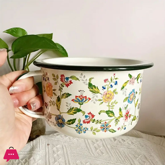 Enamel Bowl with Lid Flower Design Enamelware Bowls for Soup, Noodles, Salad 1 Piece