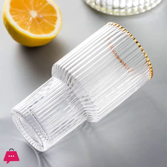 Gold Rimmed Vertical Stripe Ribbed Fluted Bottom Glass Set of 6 - Glassware Set