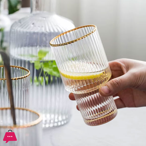 Gold Rimmed Vertical Stripe Ribbed Fluted Bottom Glass Set of 6 - Glassware Set