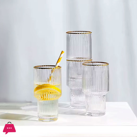 Gold Rimmed Vertical Stripe Ribbed Fluted Bottom Glass Set of 6 - Glassware Set