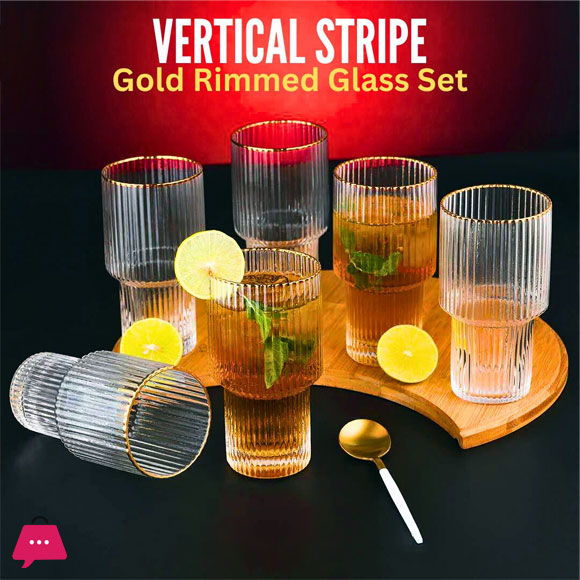 Gold Rimmed Vertical Stripe Ribbed Fluted Bottom Glass Set of 6 - Glassware Set
