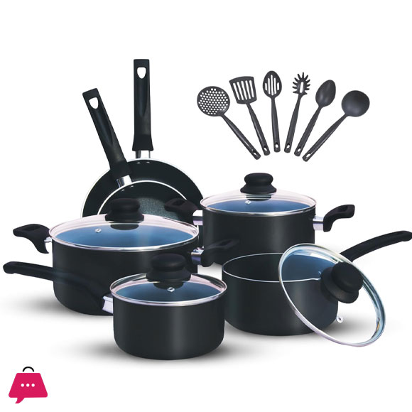 Kitchen King Cookware 15 Pieces Pots and Pans Cooking Set with Lids Non Stick Frying Pans Saucepans and Casserole Dishes Set with 5 Different Spoons Fusion Cooking Set