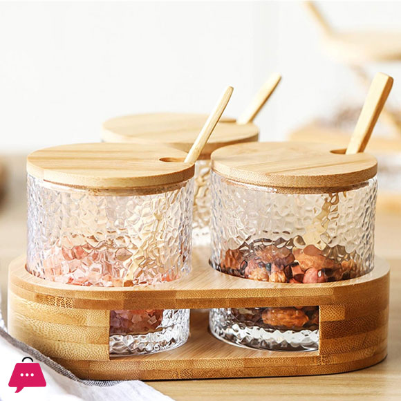 3 Glass Seasoning Jar Set Hammer Mesh Kitchen Condiment Box with Bamboo Lids Tray Spoon Seasoning Container for Spice Salt Sugar