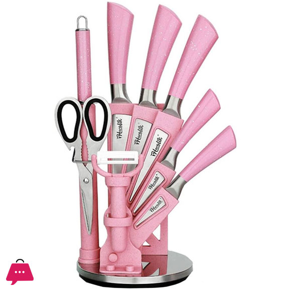 Kitchen Knife Set 9PCs Pink Wheat Straw Sharp Cooking Knife Set with Acrylic Stand