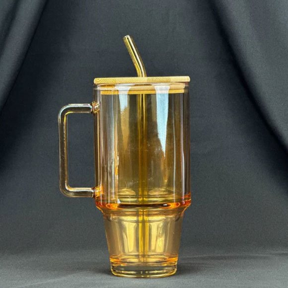 Tumbler Glass Cup with Bamboo Lid & Straw - 600ml