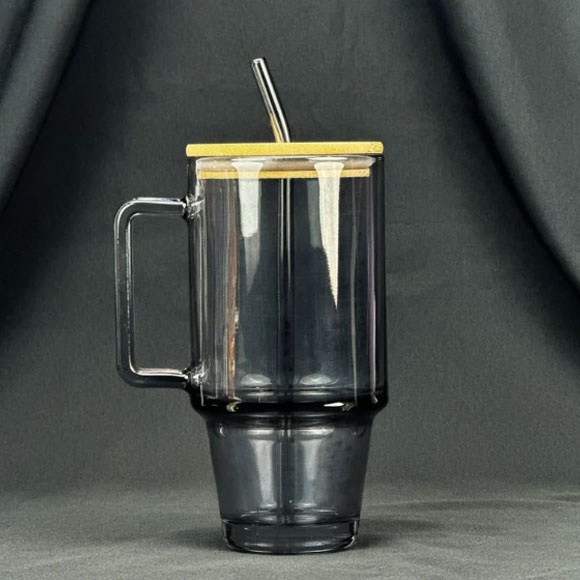 Tumbler Glass Cup with Bamboo Lid & Straw - 600ml