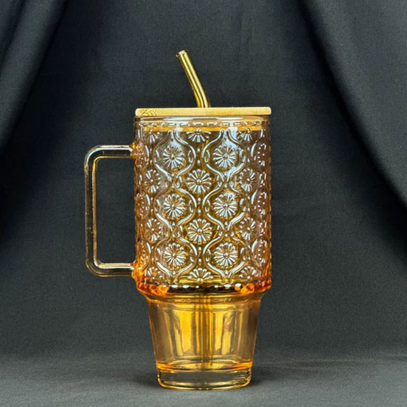 Tumbler Glass Cup with Bamboo Lid & Straw - 600ml