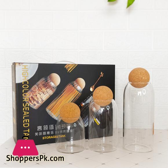 3-PCS Glass Storage Jar with Cork Ball Lid Jar Set Glass Container (Set of 3)