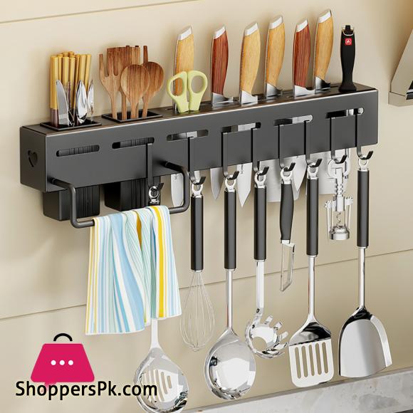 Kitchen Wall Mounted Utensil Rack Knife Holder Cutlery Storage Organiser Shelf with Removable Hooks and Dish Cloth Rack