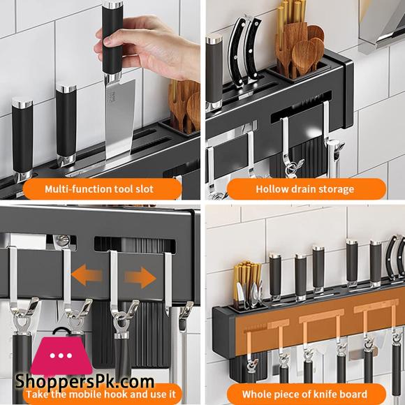 Kitchen Wall Mounted Utensil Rack Knife Holder Cutlery Storage Organiser Shelf with Removable Hooks and Dish Cloth Rack