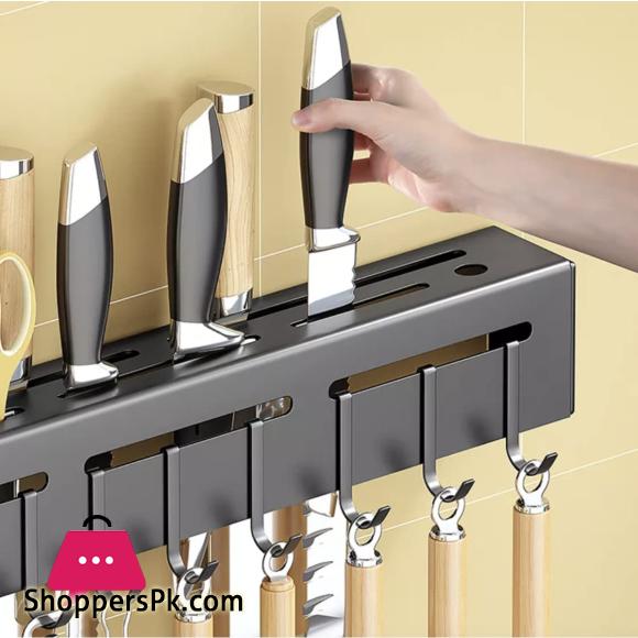 Kitchen Wall Mounted Utensil Rack Knife Holder Cutlery Storage Organiser Shelf with Removable Hooks and Dish Cloth Rack