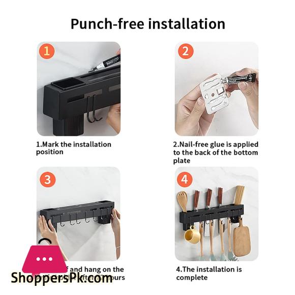 Kitchen Wall Mounted Utensil Rack Knife Holder Cutlery Storage Organiser Shelf with Removable Hooks and Dish Cloth Rack