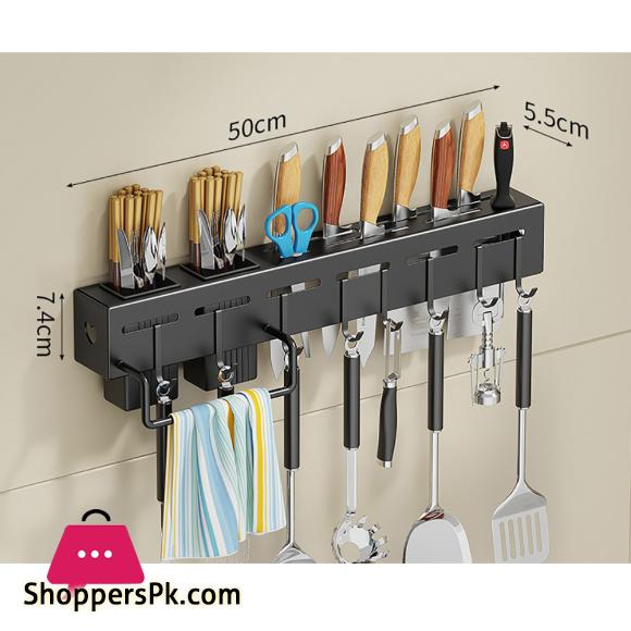 Kitchen Wall Mounted Utensil Rack Knife Holder Cutlery Storage Organiser Shelf with Removable Hooks and Dish Cloth Rack