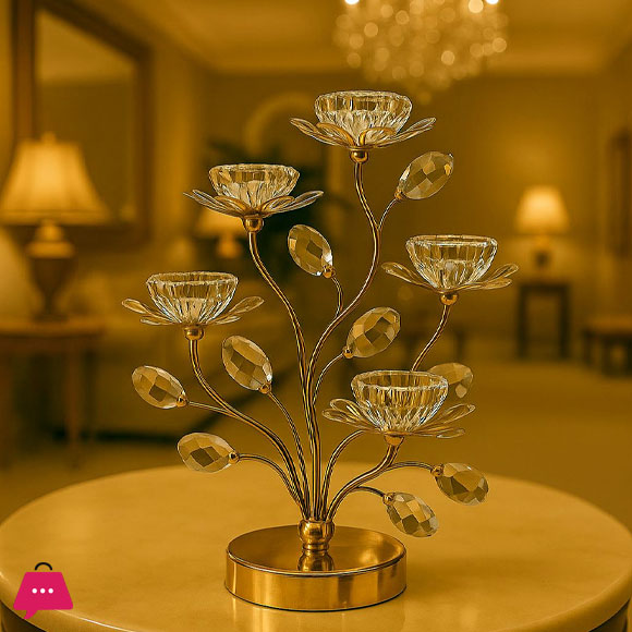 Metal Crystal Lotusflower Gold Rose Tealight Flower Candle Holder - 4