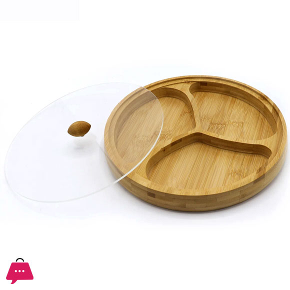 3 Compartment Bamboo Round Presentation Plate Snack Plate with Lid - 19 CM
