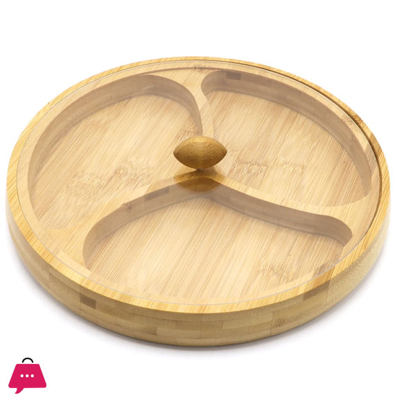 3 Compartment Bamboo Round Presentation Plate Snack Plate with Lid - 19 CM