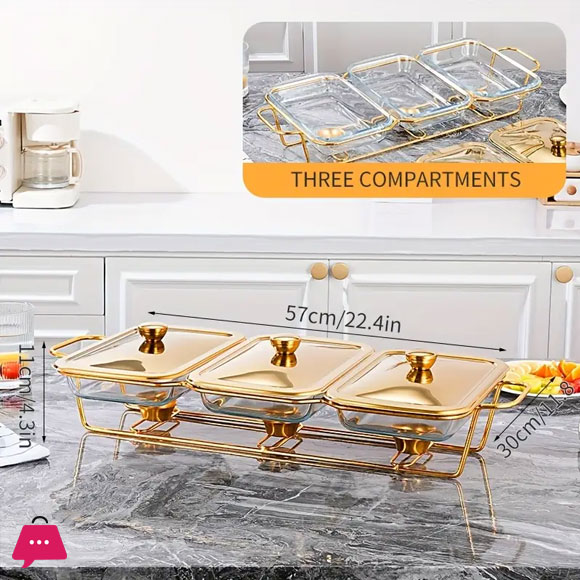 3 in1 Burner Dish Rectangle Food Warmer 4.5L