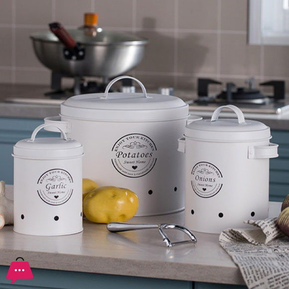 3 Pcs Retro Metal Potato Garlic Onion Storage Containers with 360° Ventilation System