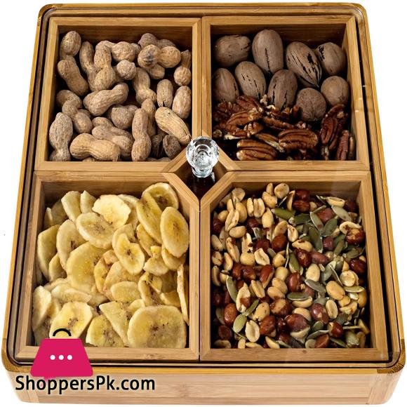 4 Compartments Bamboo Wooden Divided Serving Tray with Lid