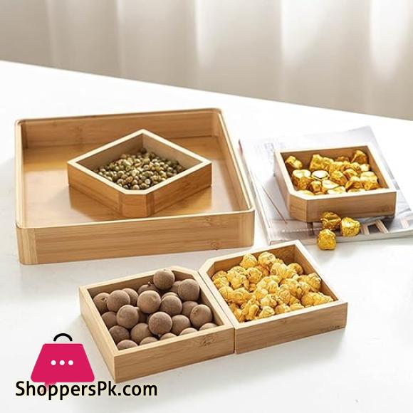 4 Compartments Bamboo Wooden Divided Serving Tray with Lid