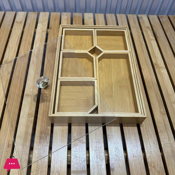 5 Compartments Bamboo Wooden Divided Serving Tray with Lid