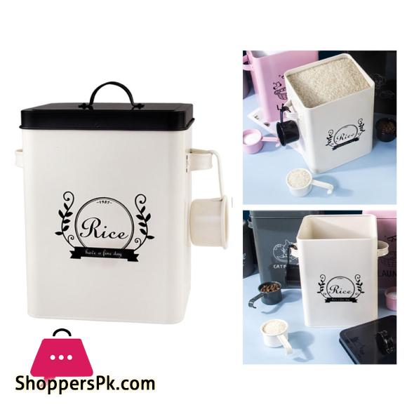 Rice Barrel with Spoon and Lid Household Tin Iron Rice Bucket - 5Kg