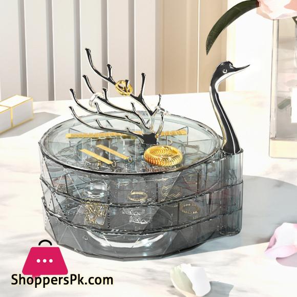 Swan 3-layer Rotating Jewelry Box Transparent Dustproof Earrings Bracelet Necklace Desktop Display Storage Box
