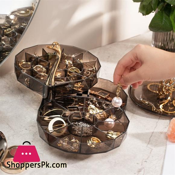 Swan 3-layer Rotating Jewelry Box Transparent Dustproof Earrings Bracelet Necklace Desktop Display Storage Box