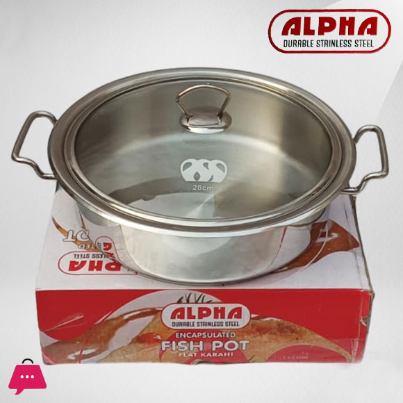 Alpha Stainless Steel Fish Pot Flat Karahi Encapsulated Bottom With Glass Lid