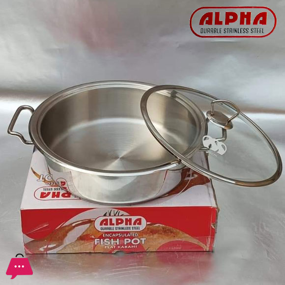 Alpha Stainless Steel Fish Pot Flat Karahi Encapsulated Bottom With Glass Lid
