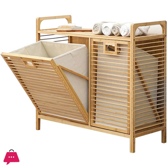 Bamboo Double Laundry Organizer Dirty Clothes Storage Basket