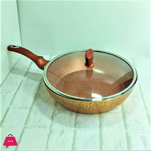 BAROLY Teflon-Coated Copper Forged Deep Fry Pan with Pyrex Glass Lid - 28CM