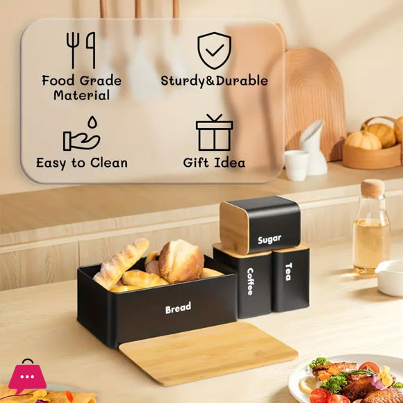 Bread Box with Sugar Tea Coffee 3 Pcs Containers Sets