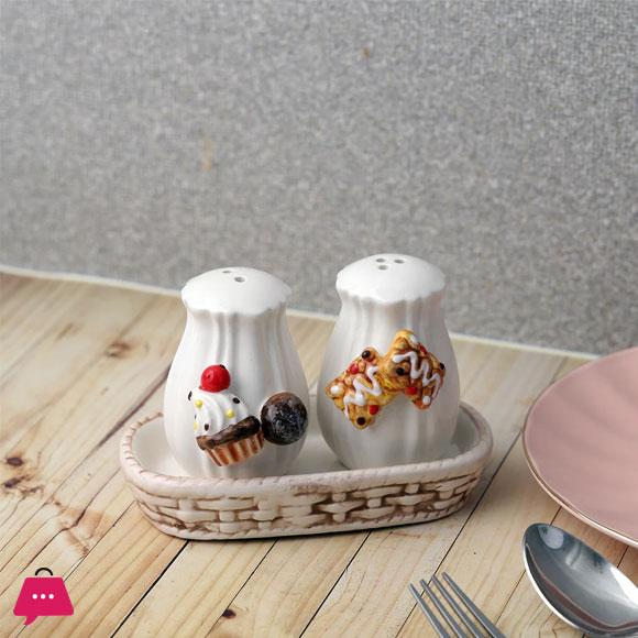 Ceramic Cupcake Salt and Pepper Shakers Set with Tray for Dining Table Used as Namak Dhani