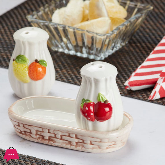 Ceramic Fruite Salt and Pepper Shakers Set with Tray for Dining Table Used as Namak Dhani
