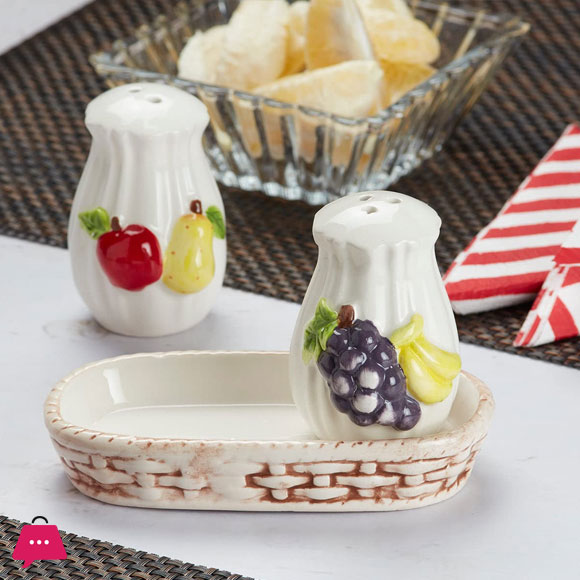 Ceramic Fruite Salt and Pepper Shakers Set with Tray for Dining Table Used as Namak Dhani