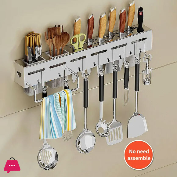 Kitchen Wall Mounted Utensil Rack Knife Holder Cutlery Storage Organiser Shelf with Removable Hooks and Dish Cloth Rack