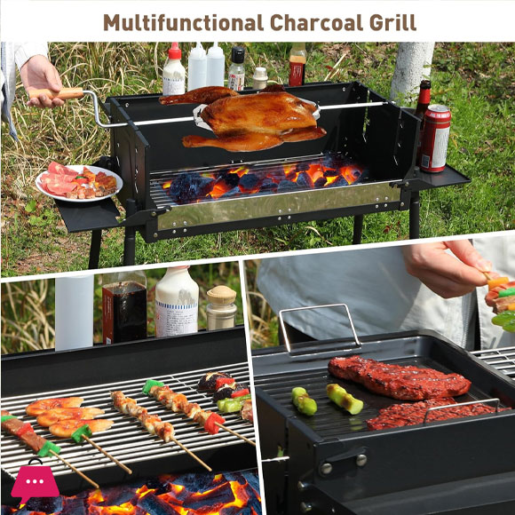 Portable Charcoal Grill Foldable BBQ Grill with Rotatable Roast Chicken Rack