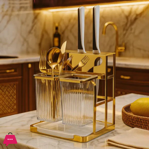 Stainless Steel ABS Plastic Clear + Gold Spoon and Fork Cutlery Holder