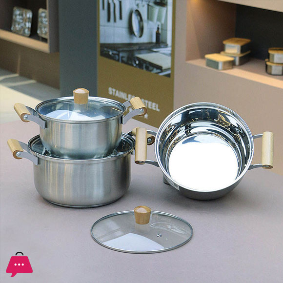 Stainless Steel Cooking Soup Pot Double Bottom with Wooden Handle - 22cm